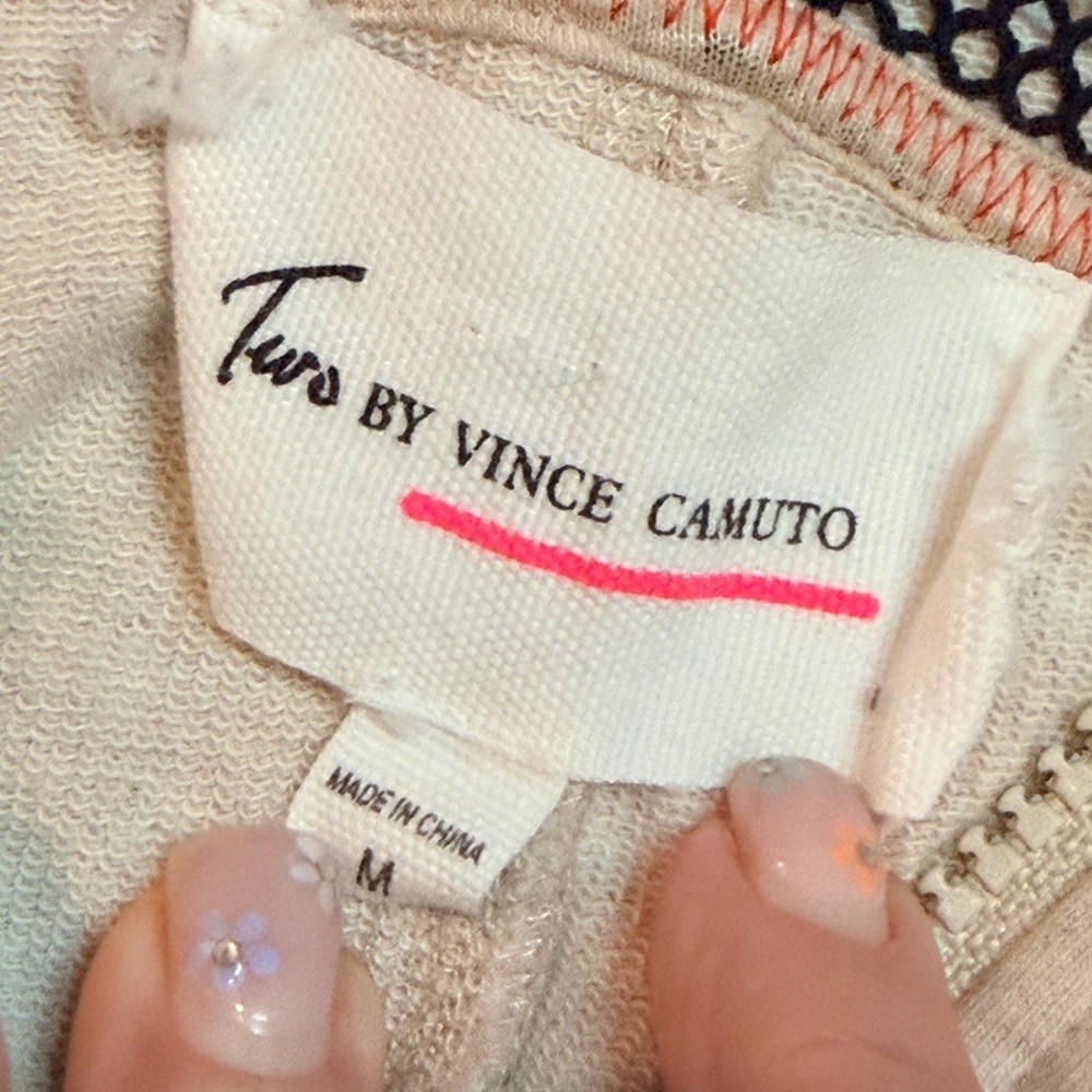 Two by Vince Camuto Beige Zip Hoodie Mesh Detail Stretch Sweatshirt Medium - Picture 6 of 10